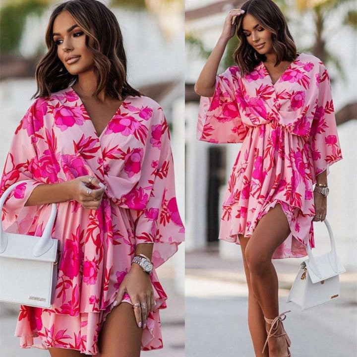 Fashion Print V - Neck Doll Sleeve Loose Cake Dress - Glow Goddess