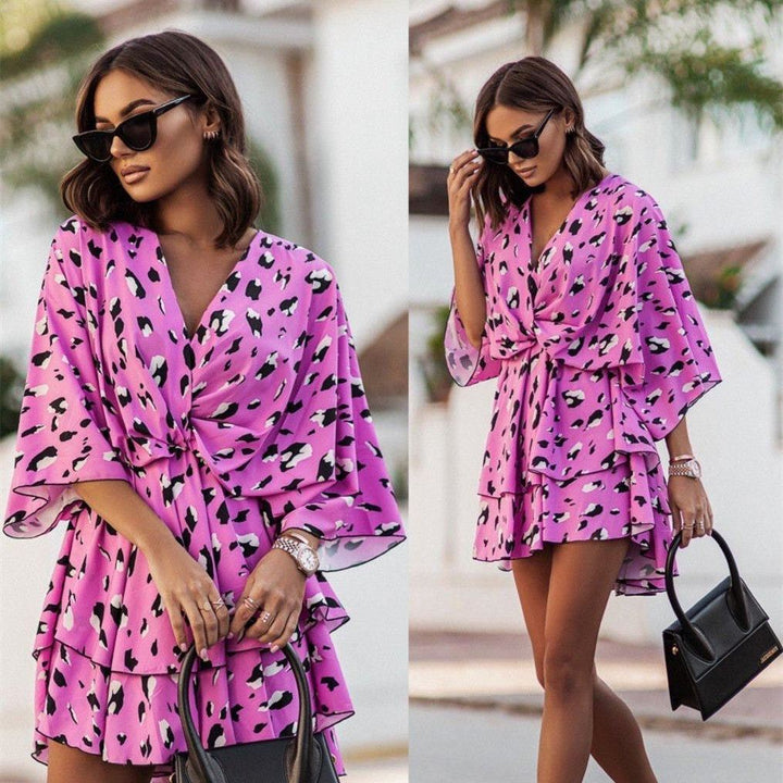 Fashion Print V - Neck Doll Sleeve Loose Cake Dress - Glow Goddess