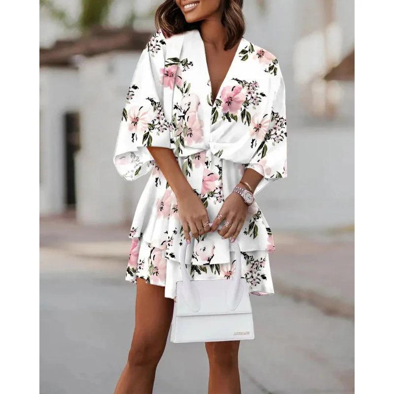 Fashion Print V - Neck Doll Sleeve Loose Cake Dress - Glow Goddess