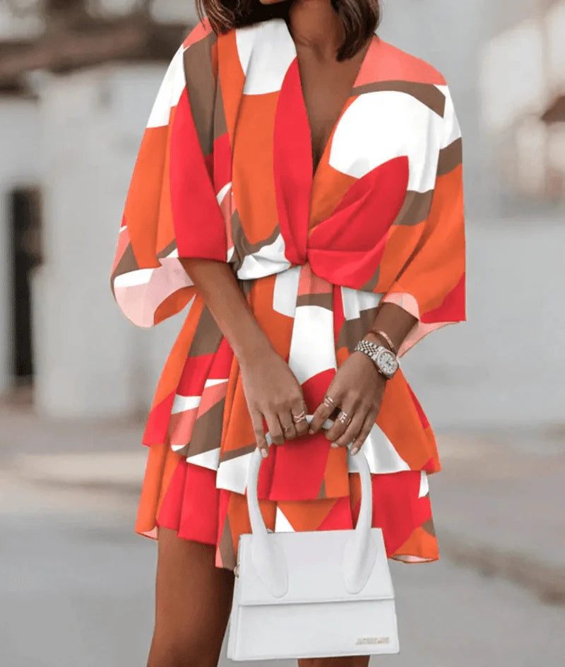 Fashion Print V - Neck Doll Sleeve Loose Cake Dress - Glow Goddess