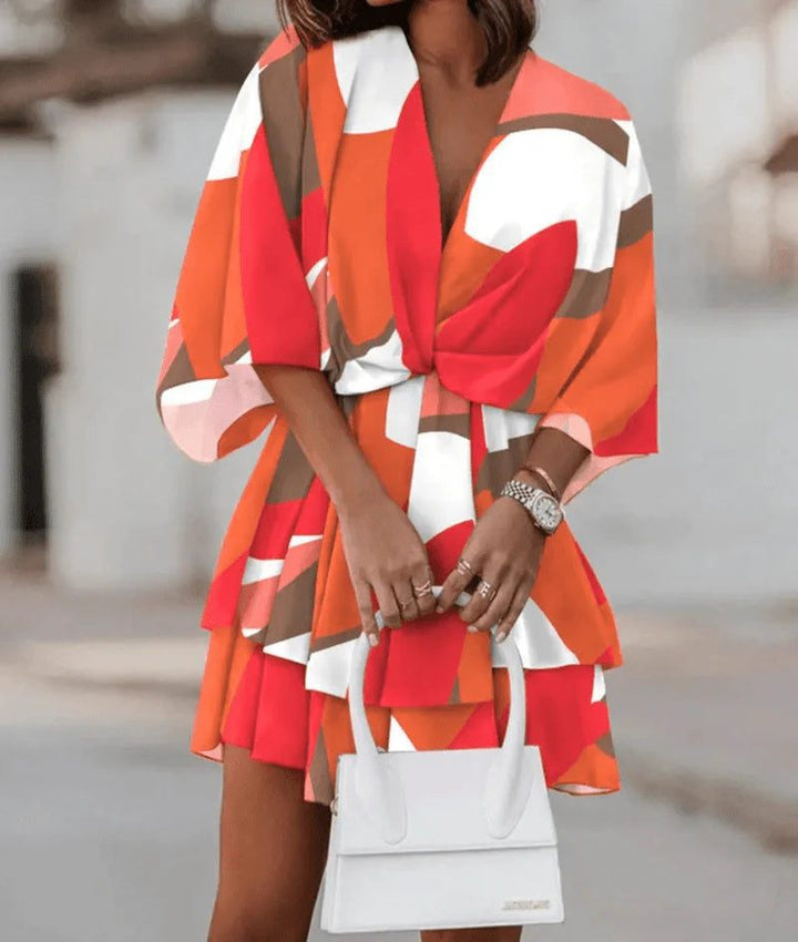 Fashion Print V - Neck Doll Sleeve Loose Cake Dress - Glow Goddess