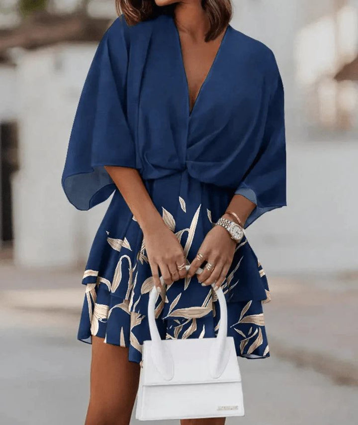 Fashion Print V - Neck Doll Sleeve Loose Cake Dress - Glow Goddess