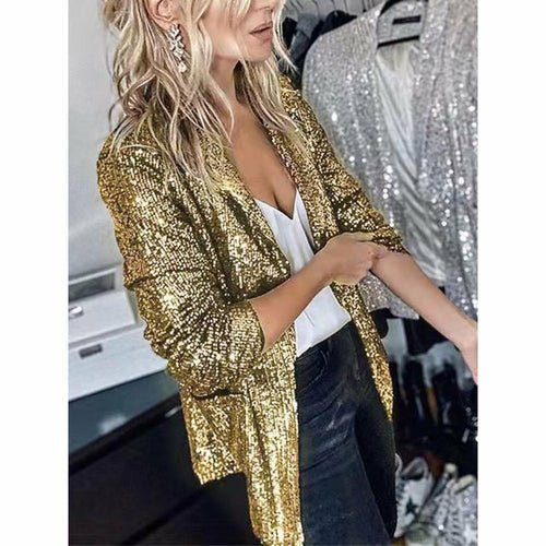 Fashionable Sequin Lapel Casual Blazer Jacket for Women - Glow Goddess