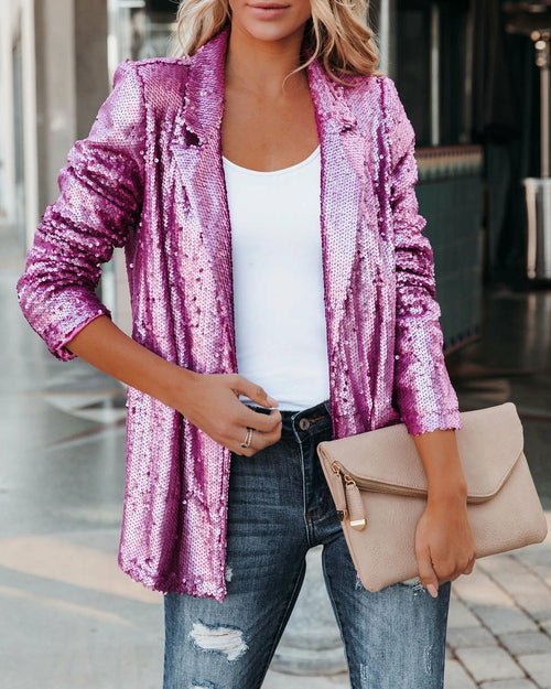 Fashionable Sequin Lapel Casual Blazer Jacket for Women - Glow Goddess