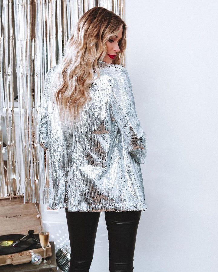 Fashionable Sequin Lapel Casual Blazer Jacket for Women - Glow Goddess