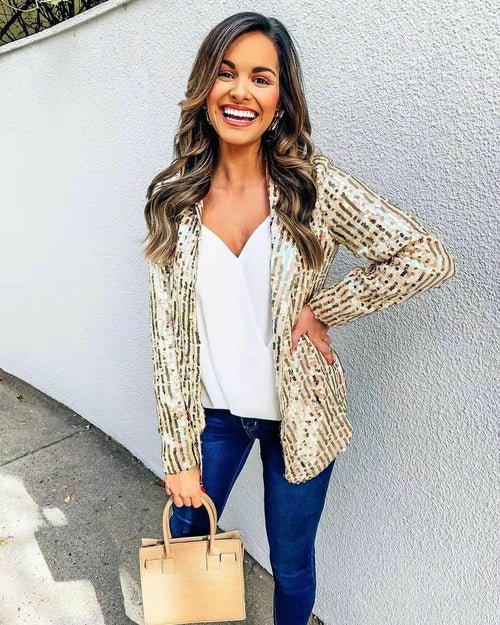 Fashionable Sequin Lapel Casual Blazer Jacket for Women - Glow Goddess