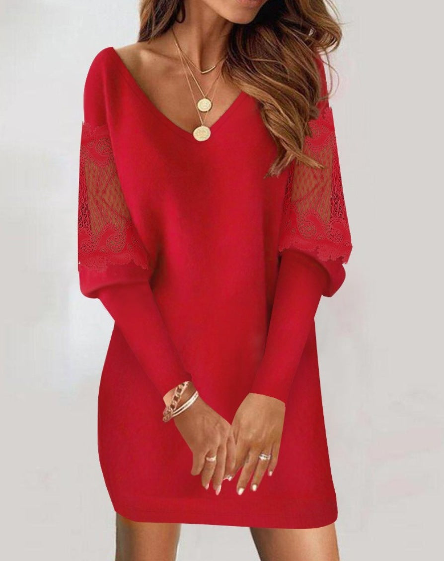 Women's V-neck Lace Splicing Dress - Long-Sleeved Spring and Autumn Style
