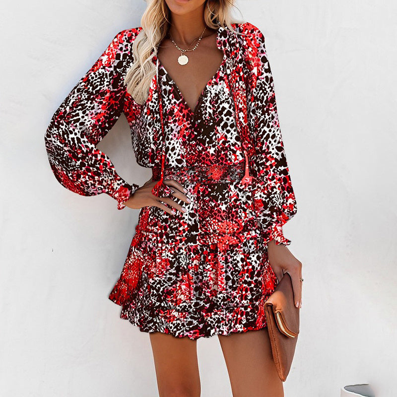 Women's Bohemian Print V-Neck Long Sleeve Dress - Flowy Beach Dress With Elastic Waist