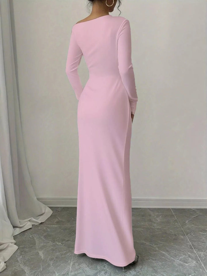 Floral One Shoulder Maxi dress with asymmetrical neckline, ruched waist detail, soft stretch fabric, flowing maxi length, and elegant floral print.