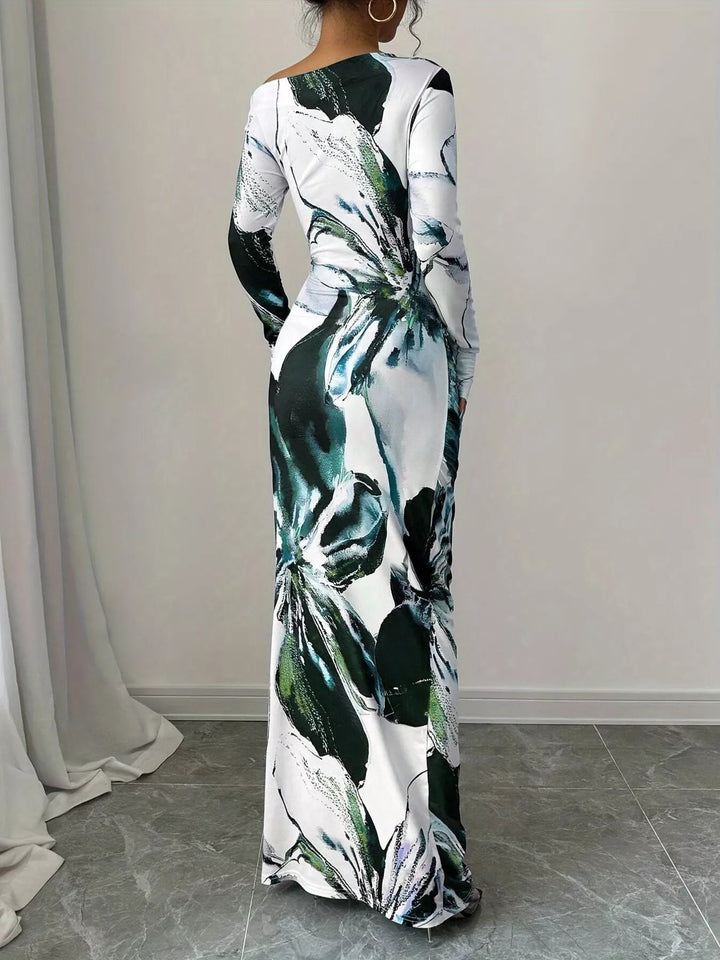 Floral One Shoulder Maxi dress with asymmetrical neckline, ruched waist detail, soft stretch fabric, flowing maxi length, and elegant floral print.