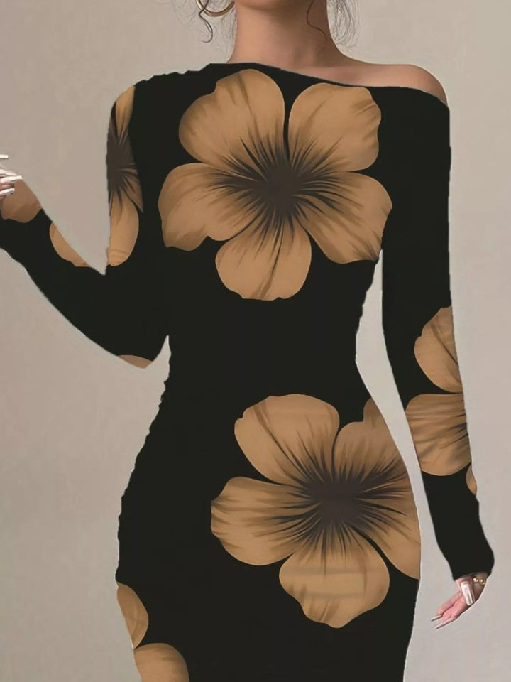 Floral One Shoulder Maxi dress with asymmetrical neckline, ruched waist detail, soft stretch fabric, flowing maxi length, and elegant floral print.