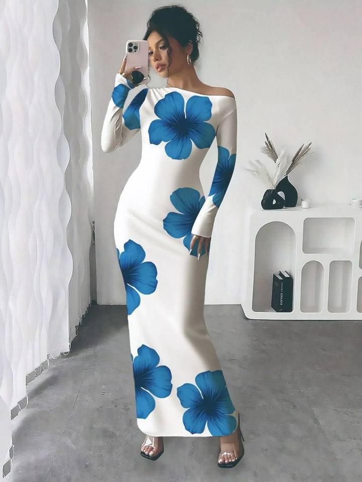 Floral One Shoulder Maxi dress with asymmetrical neckline, ruched waist detail, soft stretch fabric, flowing maxi length, and elegant floral print.
