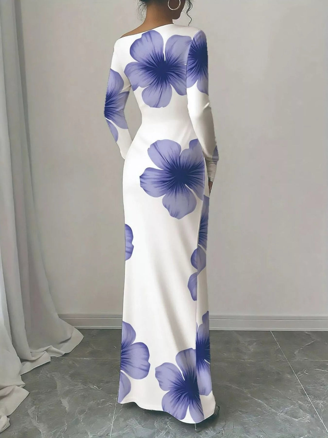 Floral One Shoulder Maxi dress with asymmetrical neckline, ruched waist detail, soft stretch fabric, flowing maxi length, and elegant floral print.