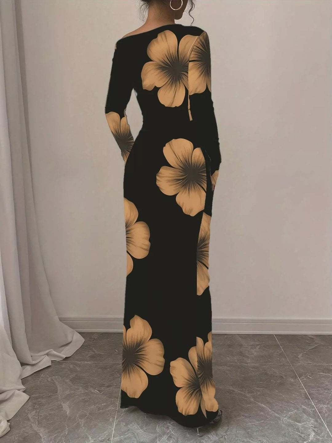 Floral One Shoulder Maxi dress with asymmetrical neckline, ruched waist detail, soft stretch fabric, flowing maxi length, and elegant floral print.