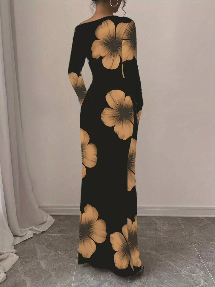Floral One Shoulder Maxi dress with asymmetrical neckline, ruched waist detail, soft stretch fabric, flowing maxi length, and elegant floral print.