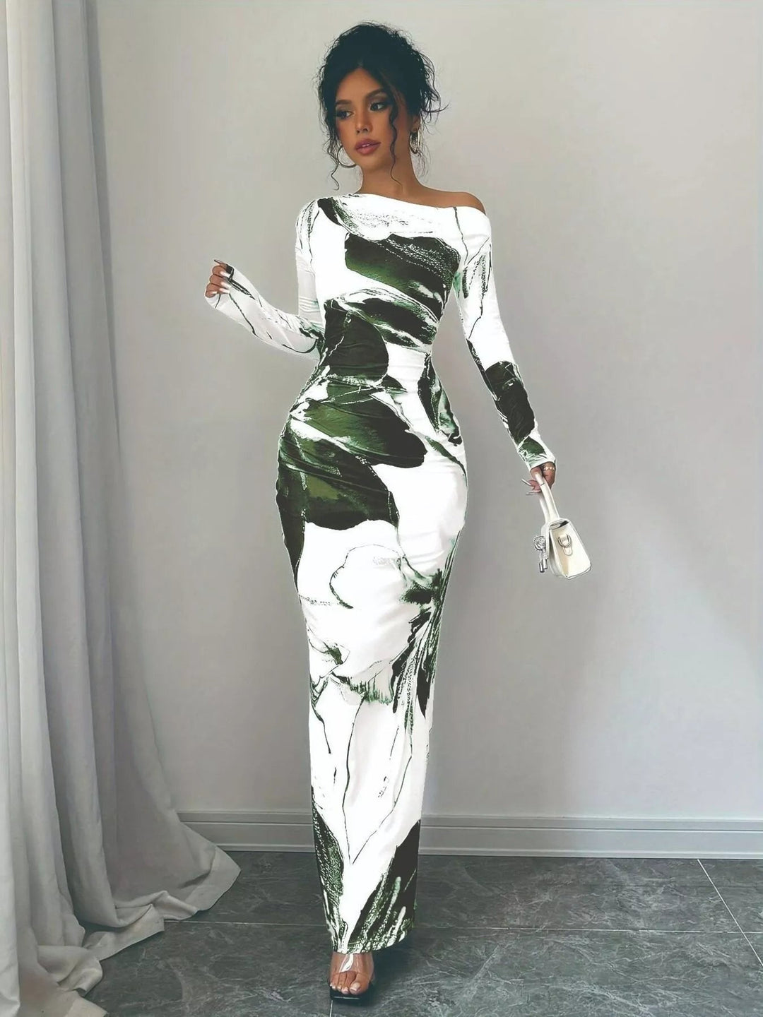 Floral One Shoulder Maxi dress with asymmetrical neckline, ruched waist detail, soft stretch fabric, flowing maxi length, and elegant floral print.