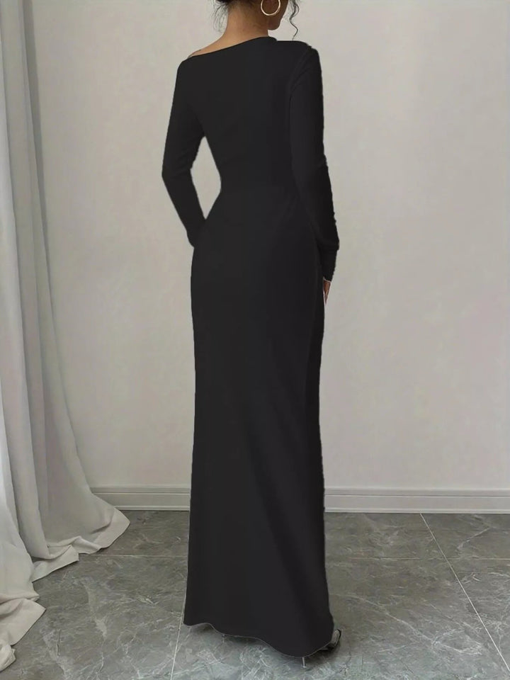 Floral One Shoulder Maxi dress with asymmetrical neckline, ruched waist detail, soft stretch fabric, flowing maxi length, and elegant floral print.