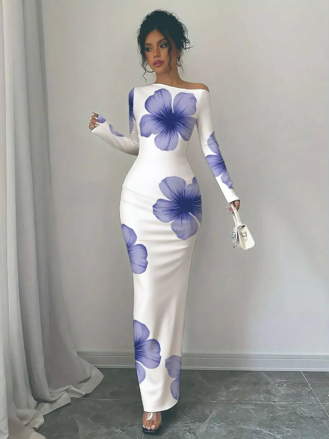 Floral One Shoulder Maxi dress with asymmetrical neckline, ruched waist detail, soft stretch fabric, flowing maxi length, and elegant floral print.