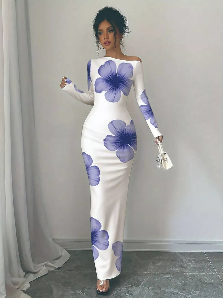 Floral One Shoulder Maxi dress with asymmetrical neckline, ruched waist detail, soft stretch fabric, flowing maxi length, and elegant floral print.