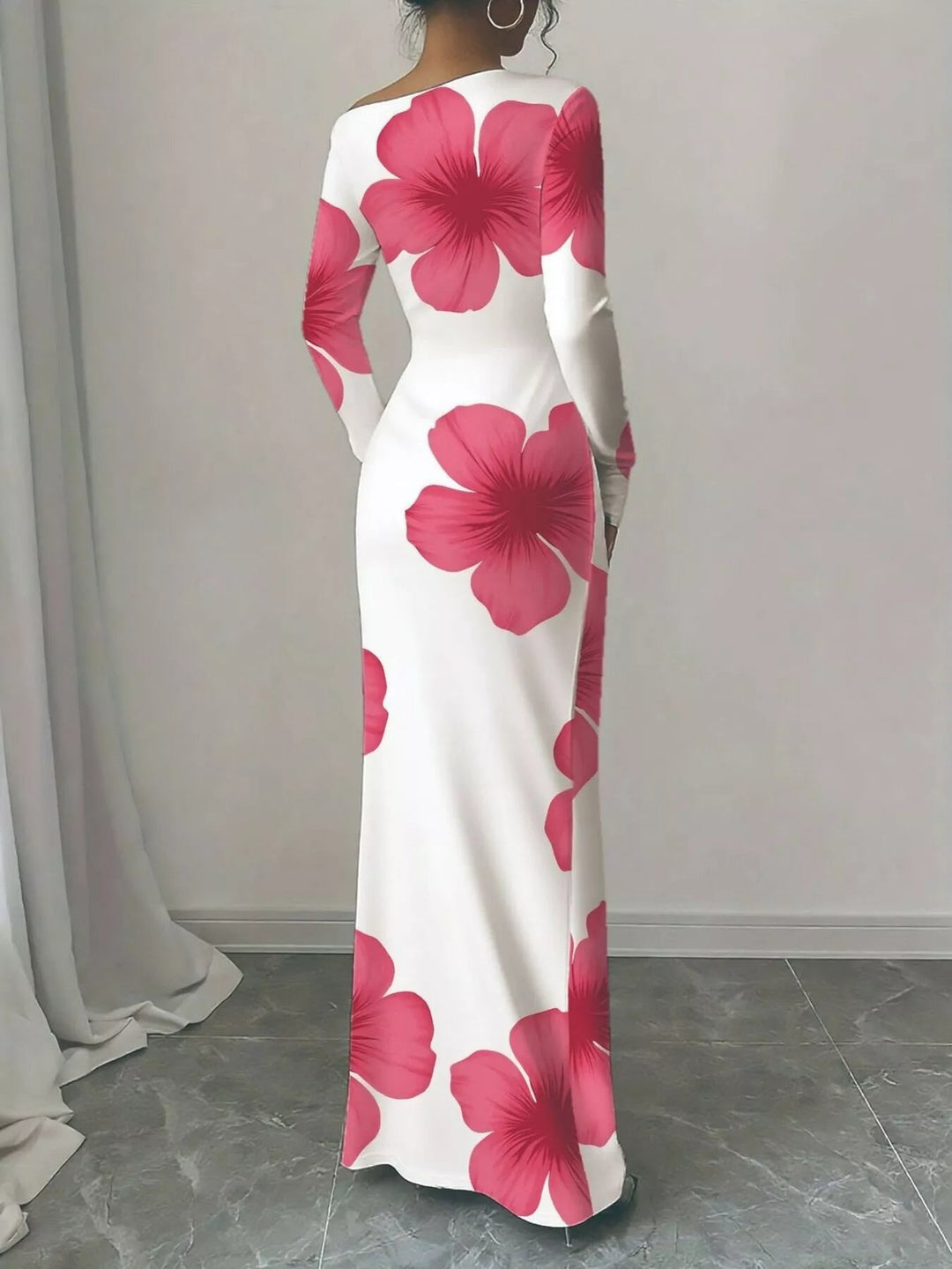 Floral One Shoulder Maxi dress with asymmetrical neckline, ruched waist detail, soft stretch fabric, flowing maxi length, and elegant floral print.