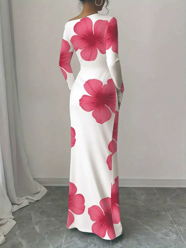 Floral One Shoulder Maxi dress with asymmetrical neckline, ruched waist detail, soft stretch fabric, flowing maxi length, and elegant floral print.
