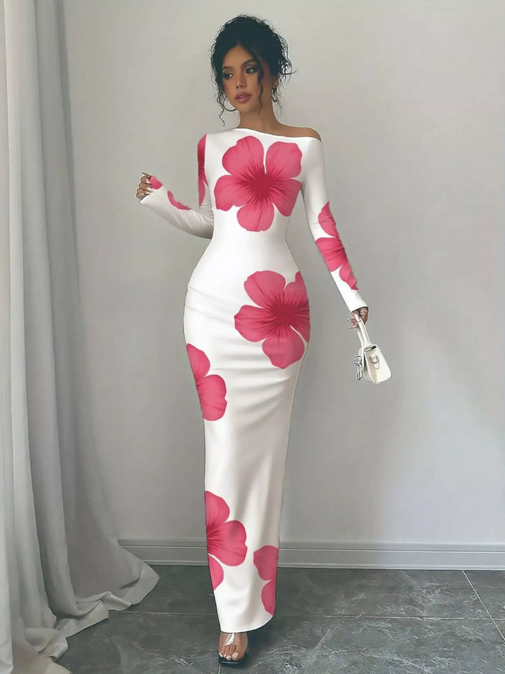 Floral One Shoulder Maxi dress with asymmetrical neckline, ruched waist detail, soft stretch fabric, flowing maxi length, and elegant floral print.