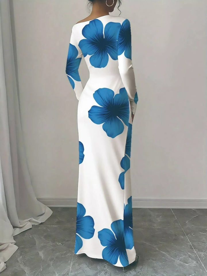 Floral One Shoulder Maxi dress with asymmetrical neckline, ruched waist detail, soft stretch fabric, flowing maxi length, and elegant floral print.