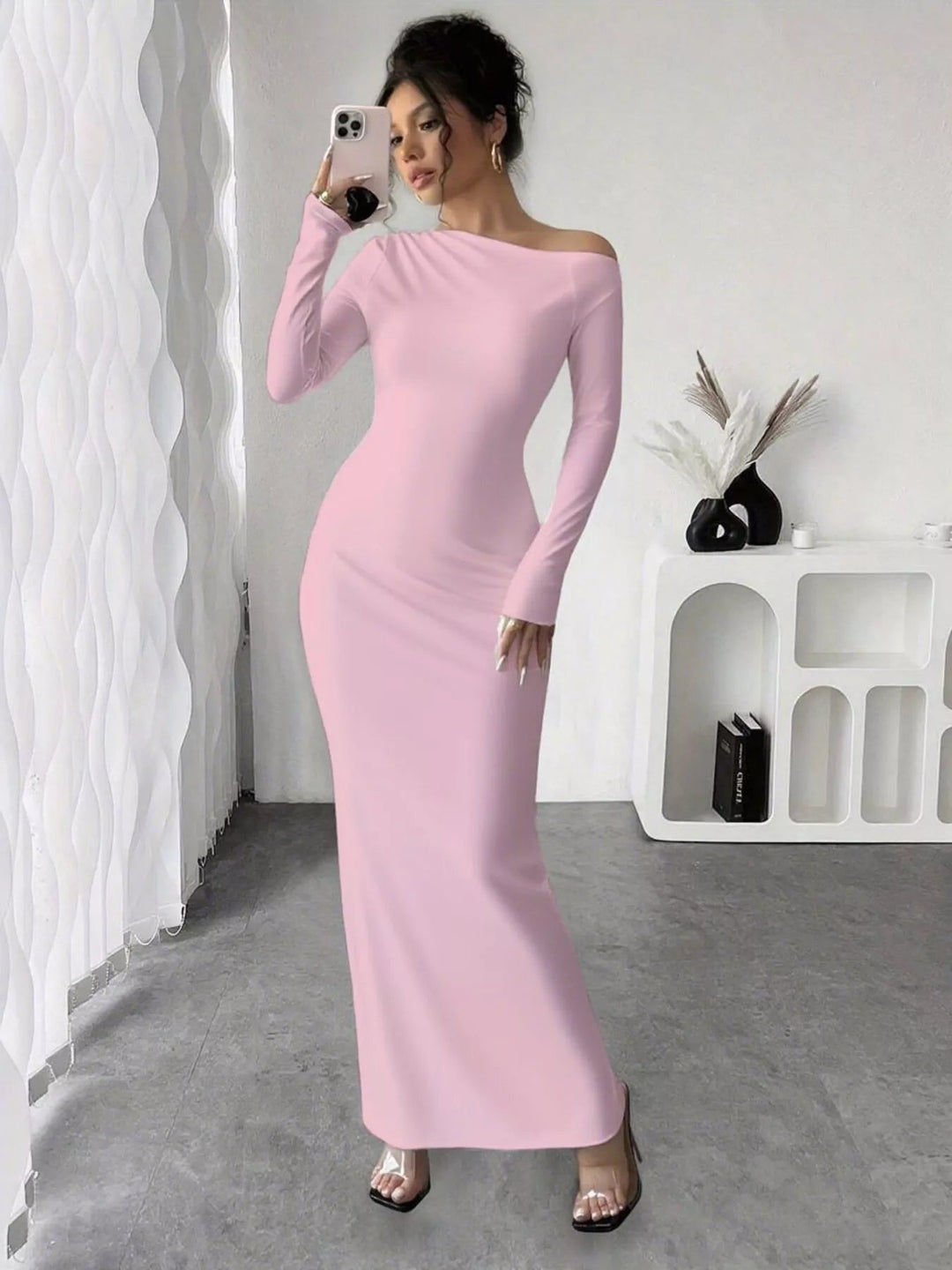 Floral One Shoulder Maxi dress with asymmetrical neckline, ruched waist detail, soft stretch fabric, flowing maxi length, and elegant floral print.
