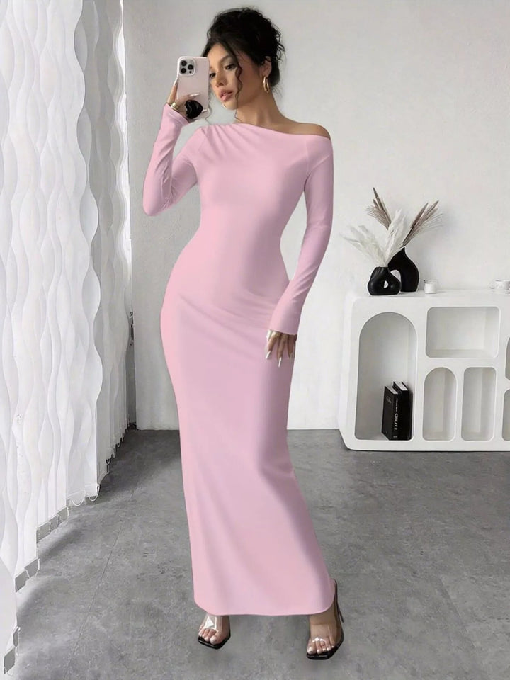Floral One Shoulder Maxi dress with asymmetrical neckline, ruched waist detail, soft stretch fabric, flowing maxi length, and elegant floral print.