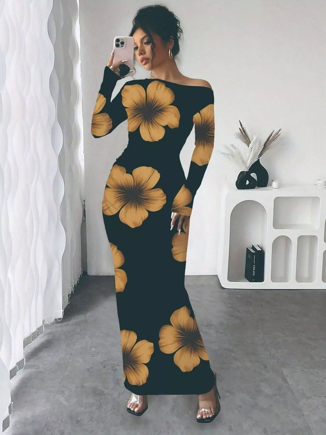 Floral One Shoulder Maxi dress with asymmetrical neckline, ruched waist detail, soft stretch fabric, flowing maxi length, and elegant floral print.