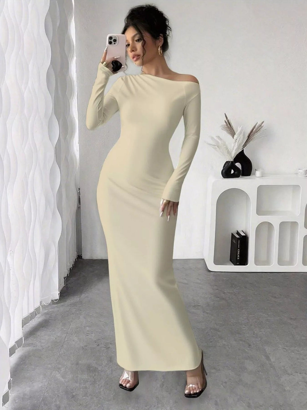 Floral One Shoulder Maxi dress with asymmetrical neckline, ruched waist detail, soft stretch fabric, flowing maxi length, and elegant floral print.