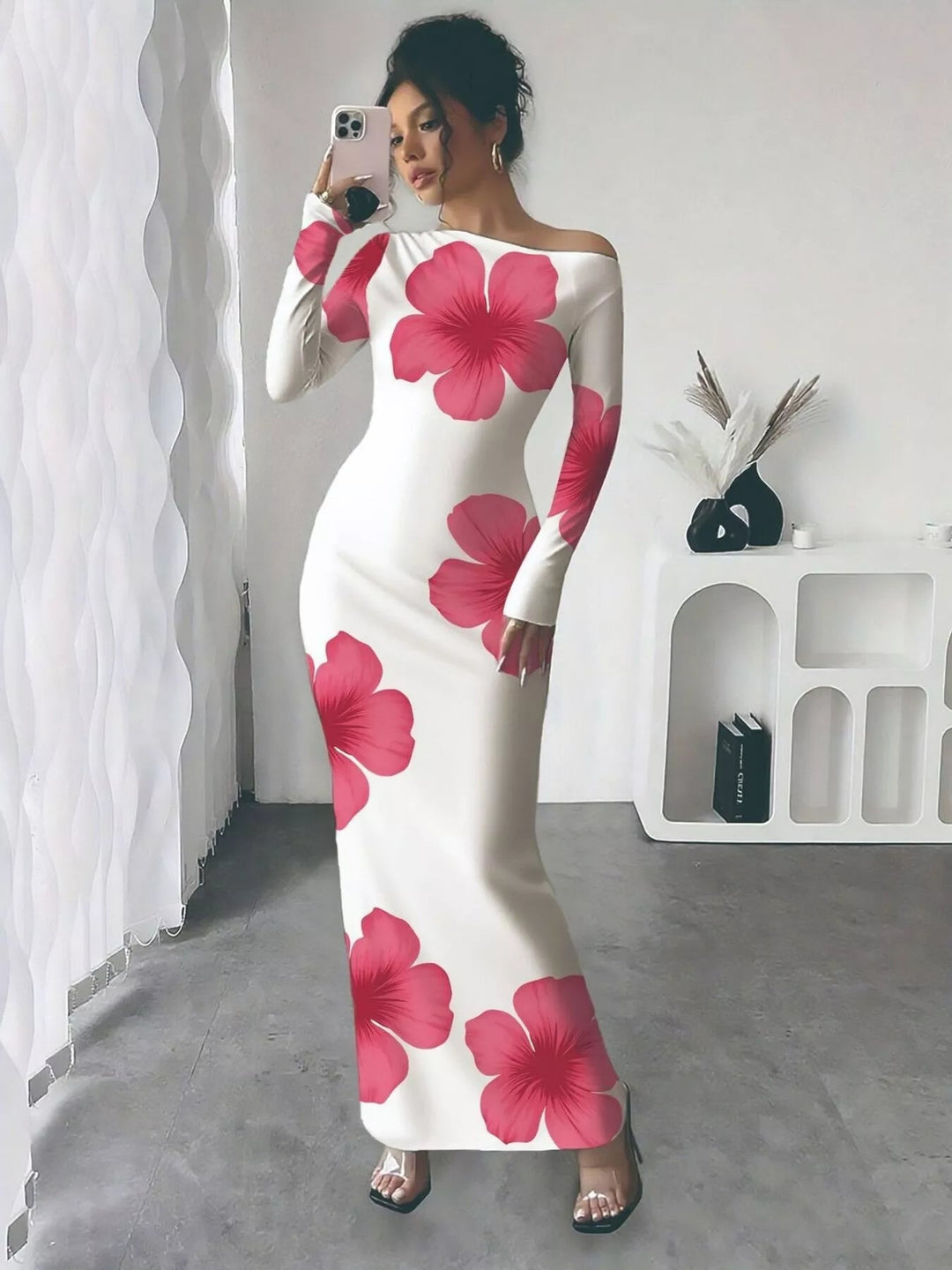 Floral One Shoulder Maxi dress with asymmetrical neckline, ruched waist detail, soft stretch fabric, flowing maxi length, and elegant floral print.