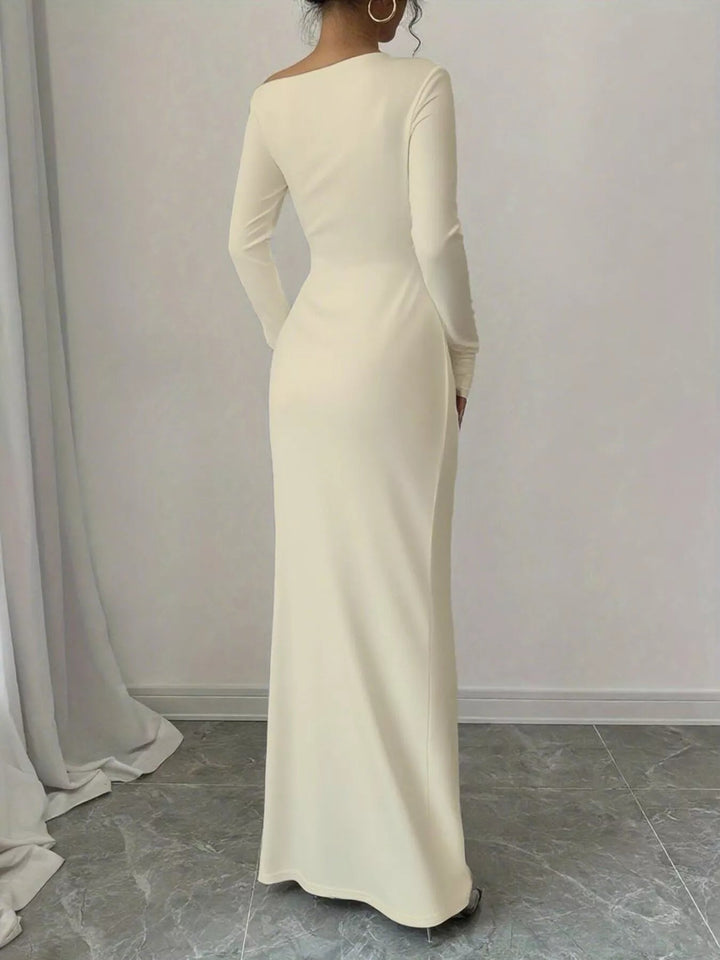 Floral One Shoulder Maxi dress with asymmetrical neckline, ruched waist detail, soft stretch fabric, flowing maxi length, and elegant floral print.