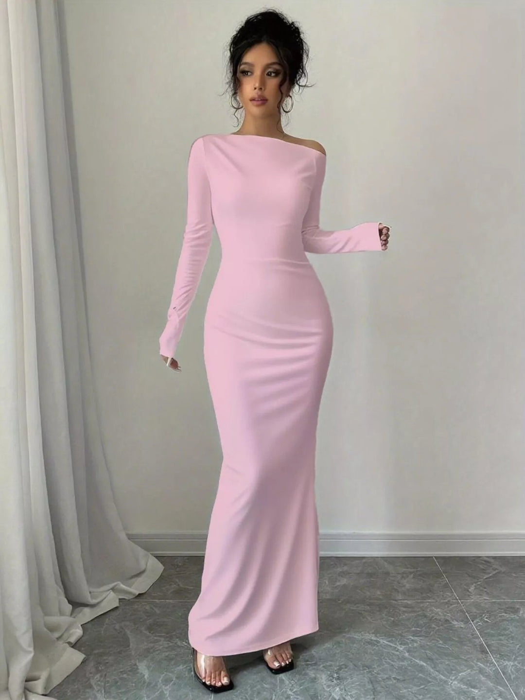 Floral One Shoulder Maxi dress with asymmetrical neckline, ruched waist detail, soft stretch fabric, flowing maxi length, and elegant floral print.