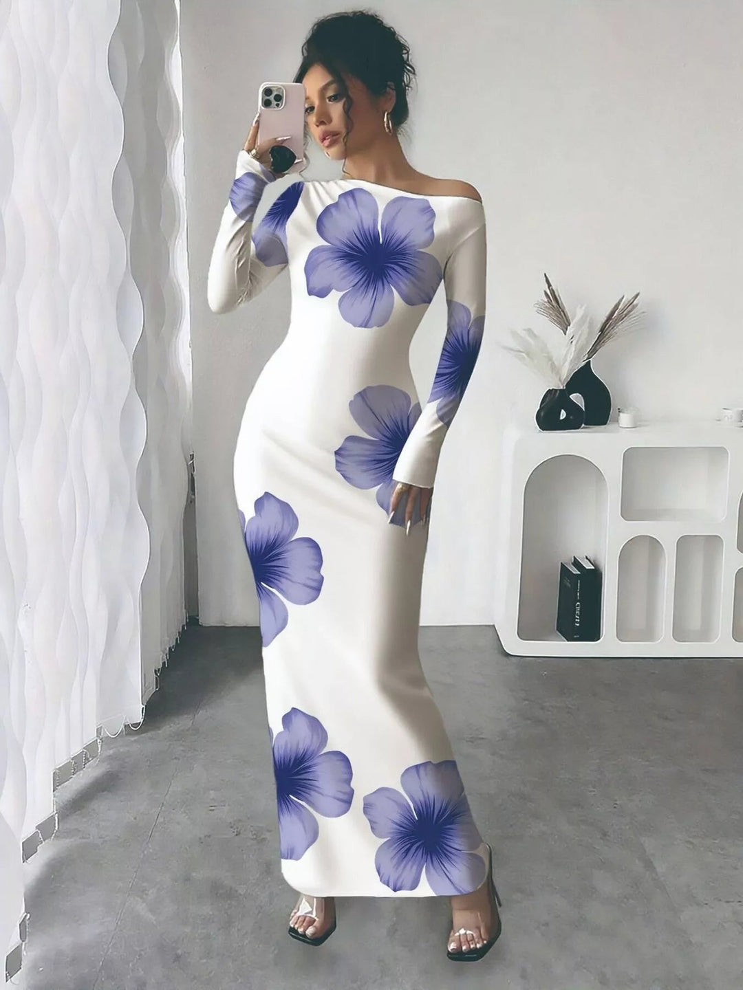 Floral One Shoulder Maxi dress with asymmetrical neckline, ruched waist detail, soft stretch fabric, flowing maxi length, and elegant floral print.