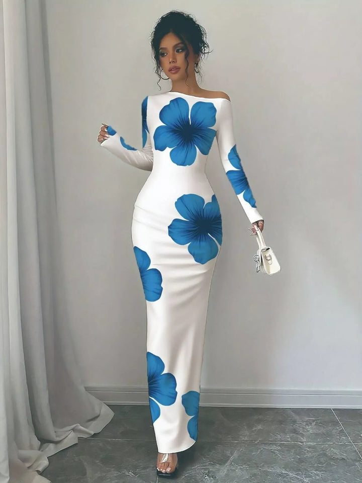 Floral One Shoulder Maxi dress with asymmetrical neckline, ruched waist detail, soft stretch fabric, flowing maxi length, and elegant floral print.