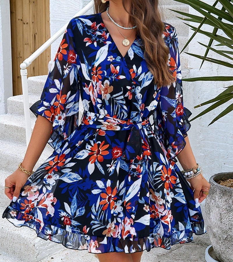 Floral print summer dress for women with V-neck lace-up front and ruffle details