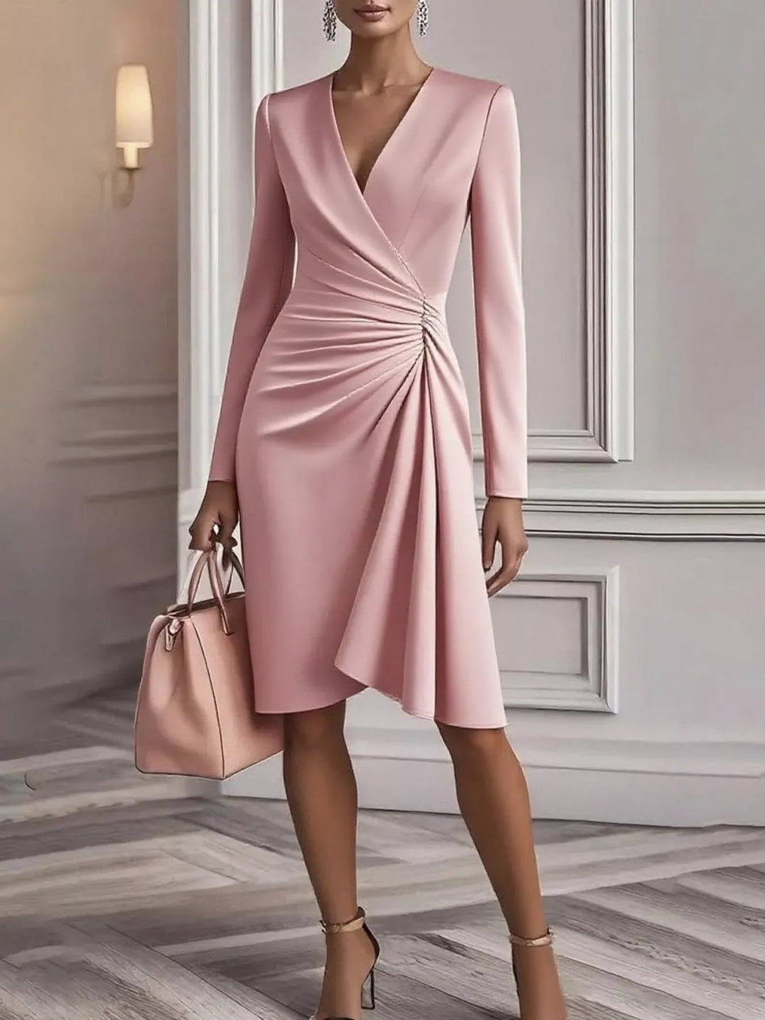 Front Ruched V-Neck Dress featuring sculpted front ruching, elegant V neckline, long fitted sleeves, and sleek body-contouring silhouette.