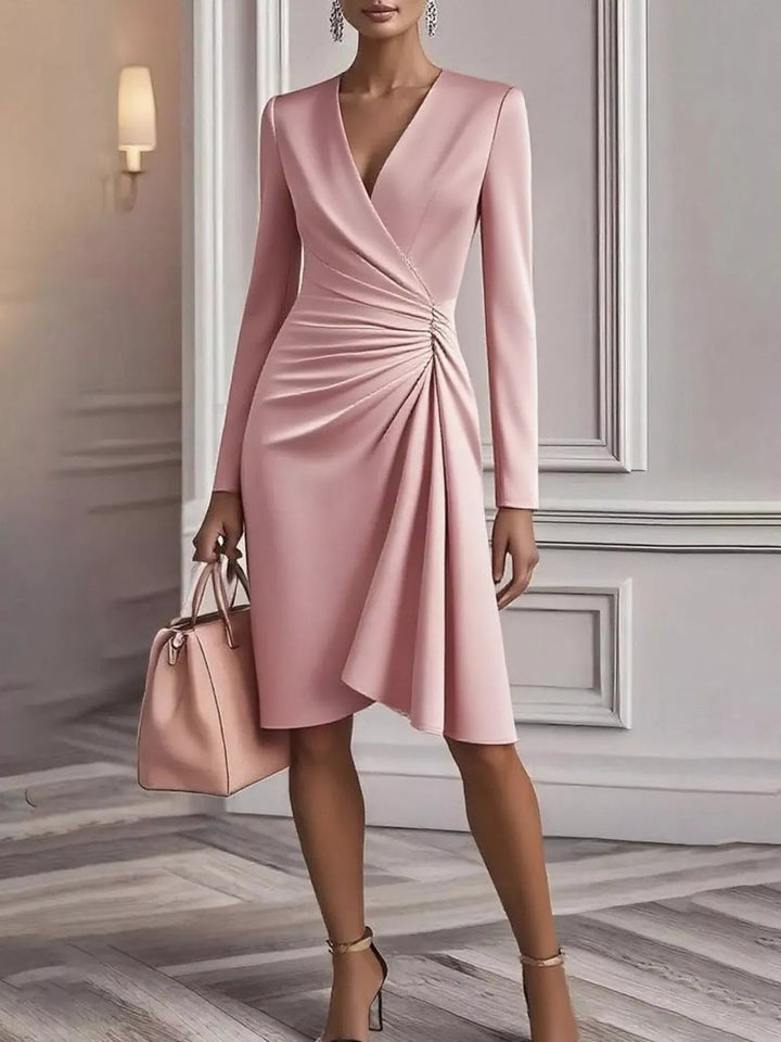 Front Ruched V-Neck Dress featuring sculpted front ruching, elegant V neckline, long fitted sleeves, and sleek body-contouring silhouette.