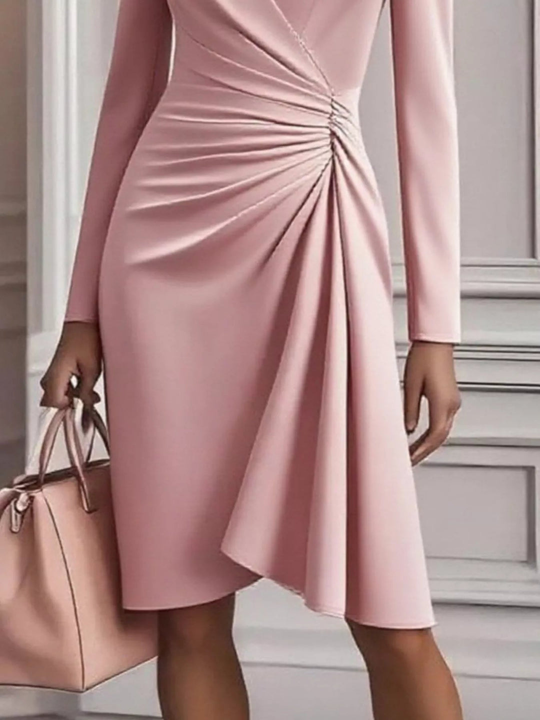 Front Ruched V-Neck Dress featuring sculpted front ruching, elegant V neckline, long fitted sleeves, and sleek body-contouring silhouette.