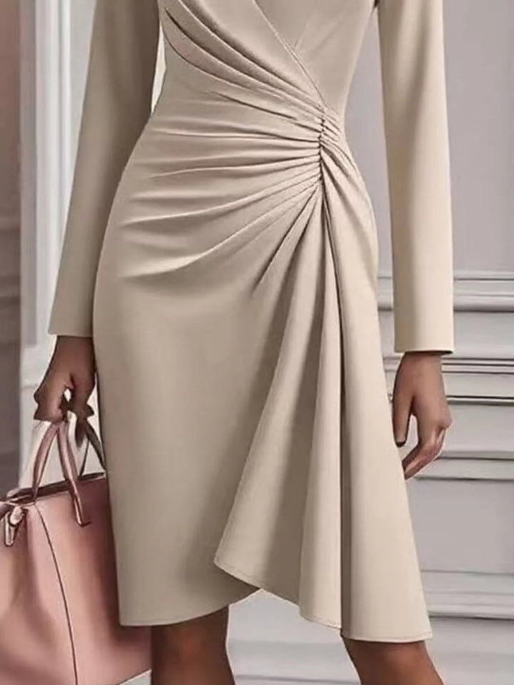 Front Ruched V-Neck Dress featuring sculpted front ruching, elegant V neckline, long fitted sleeves, and sleek body-contouring silhouette.