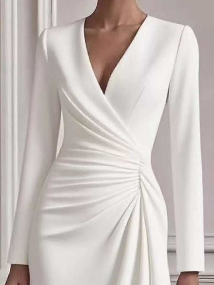 Front Ruched V-Neck Dress featuring sculpted front ruching, elegant V neckline, long fitted sleeves, and sleek body-contouring silhouette.
