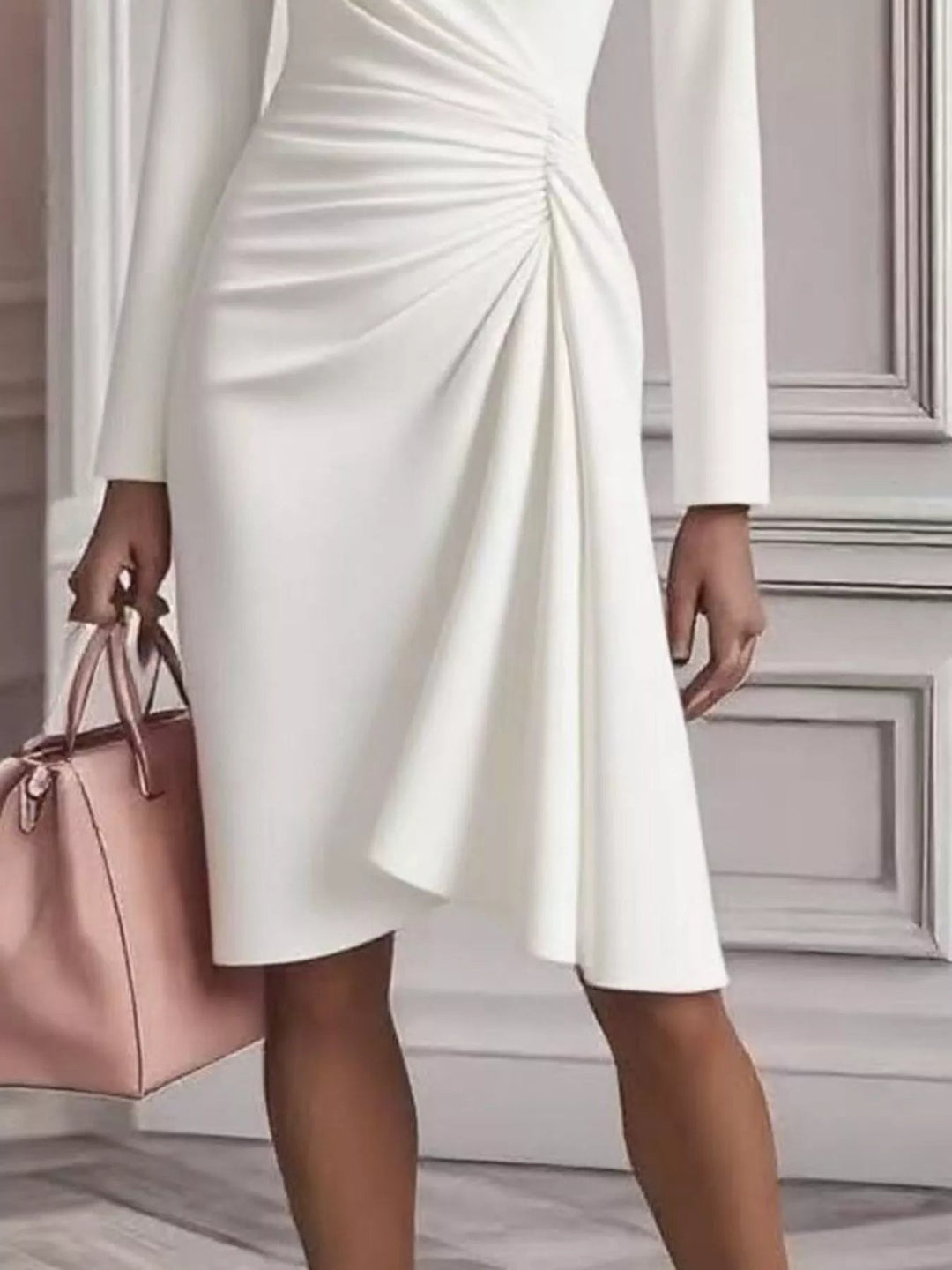 Front Ruched V-Neck Dress featuring sculpted front ruching, elegant V neckline, long fitted sleeves, and sleek body-contouring silhouette.