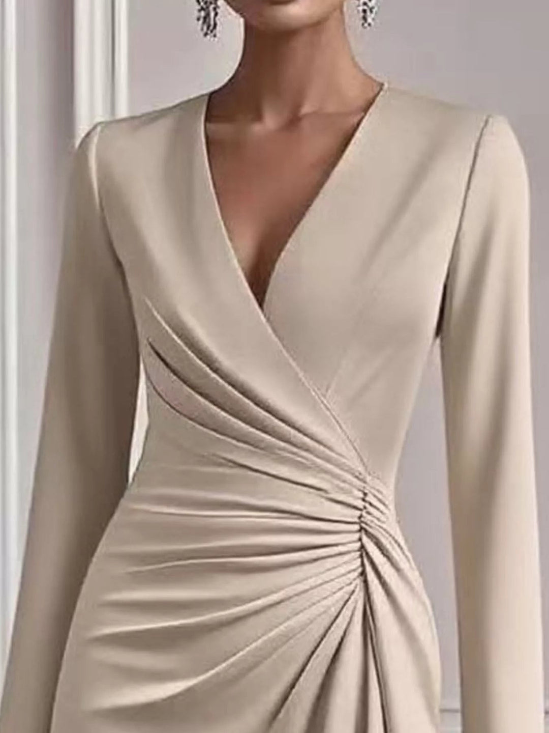 Front Ruched V-Neck Dress featuring sculpted front ruching, elegant V neckline, long fitted sleeves, and sleek body-contouring silhouette.