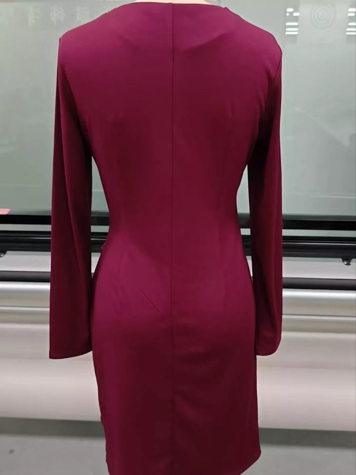 Front Ruched V-Neck Dress featuring sculpted front ruching, elegant V neckline, long fitted sleeves, and sleek body-contouring silhouette.