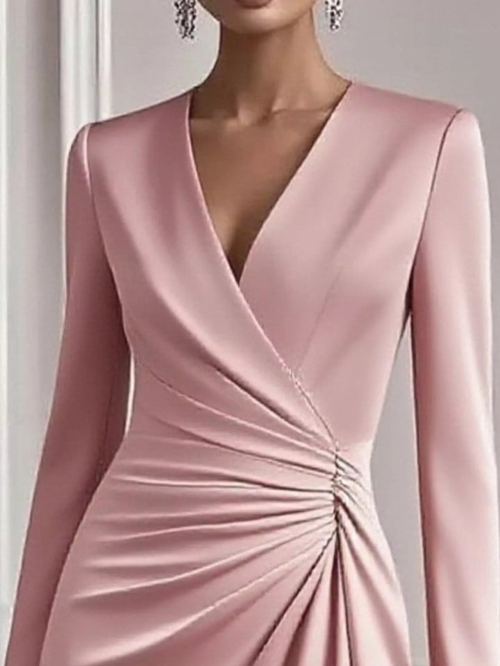 Front Ruched V-Neck Dress featuring sculpted front ruching, elegant V neckline, long fitted sleeves, and sleek body-contouring silhouette.