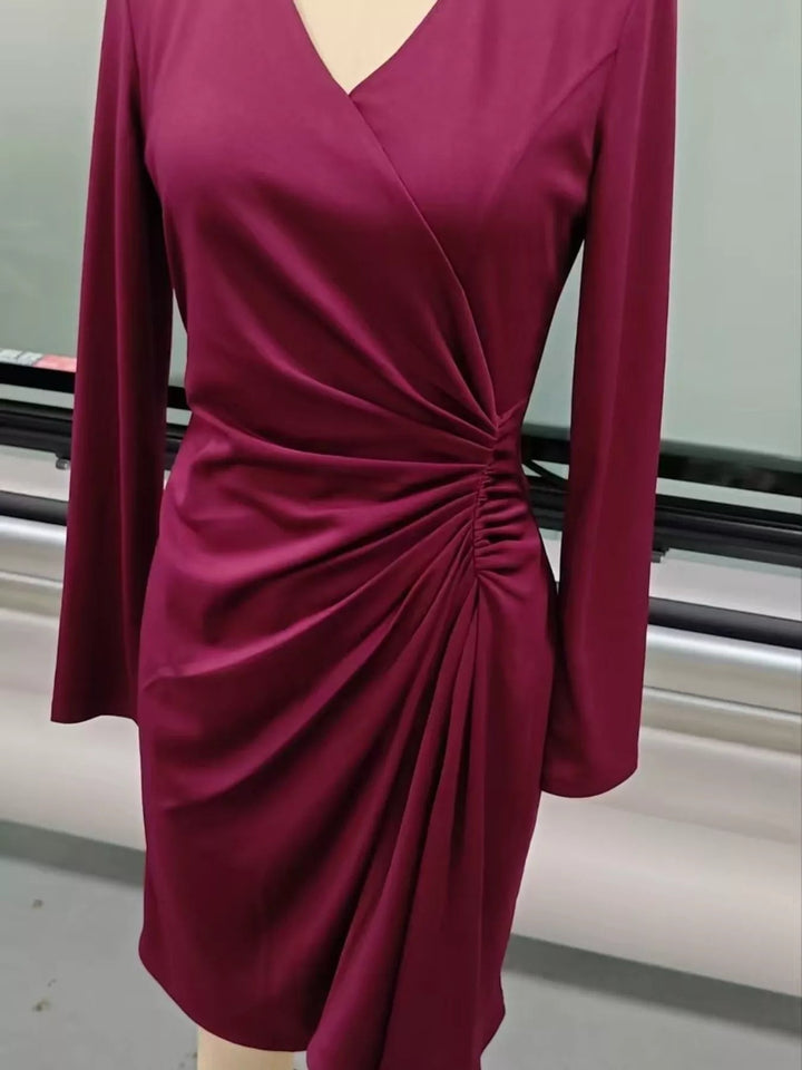 Front Ruched V-Neck Dress featuring sculpted front ruching, elegant V neckline, long fitted sleeves, and sleek body-contouring silhouette.