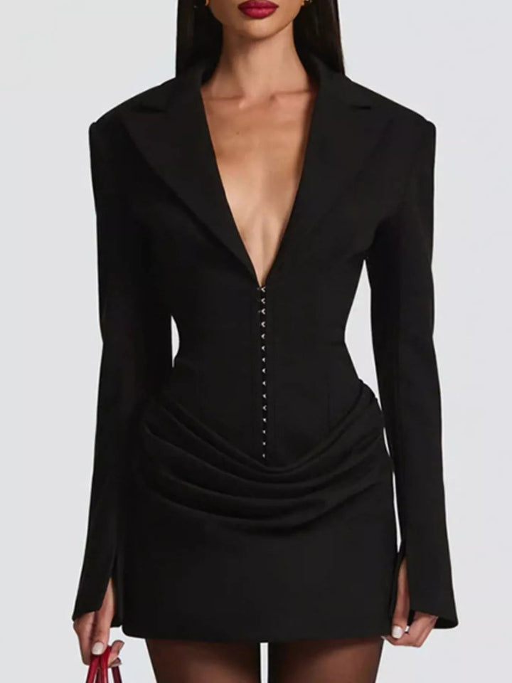 Plus Size Blazer Mini Dress with ruched detail and long sleeves, featuring a tailored structured silhouette in a chic mini length