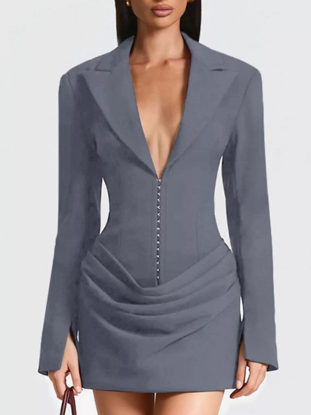 Plus Size Blazer Mini Dress with ruched detail and long sleeves, featuring a tailored structured silhouette in a chic mini length