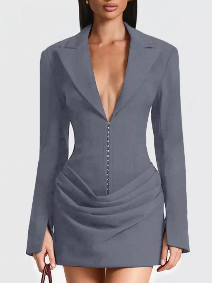 Plus Size Blazer Mini Dress with ruched detail and long sleeves, featuring a tailored structured silhouette in a chic mini length